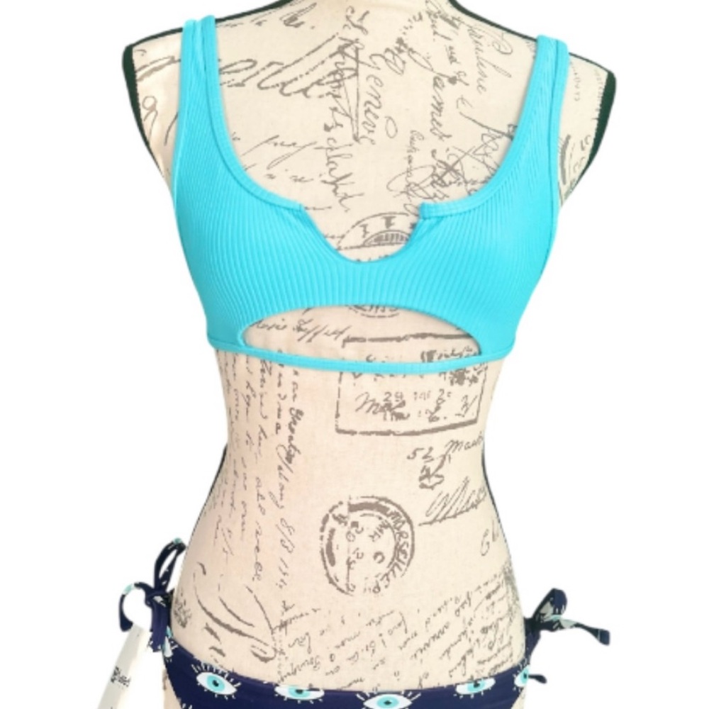 Women’s Bikini Set - Bright Aqua Blue Ribbed Top and Navy Eye Print Bottoms
